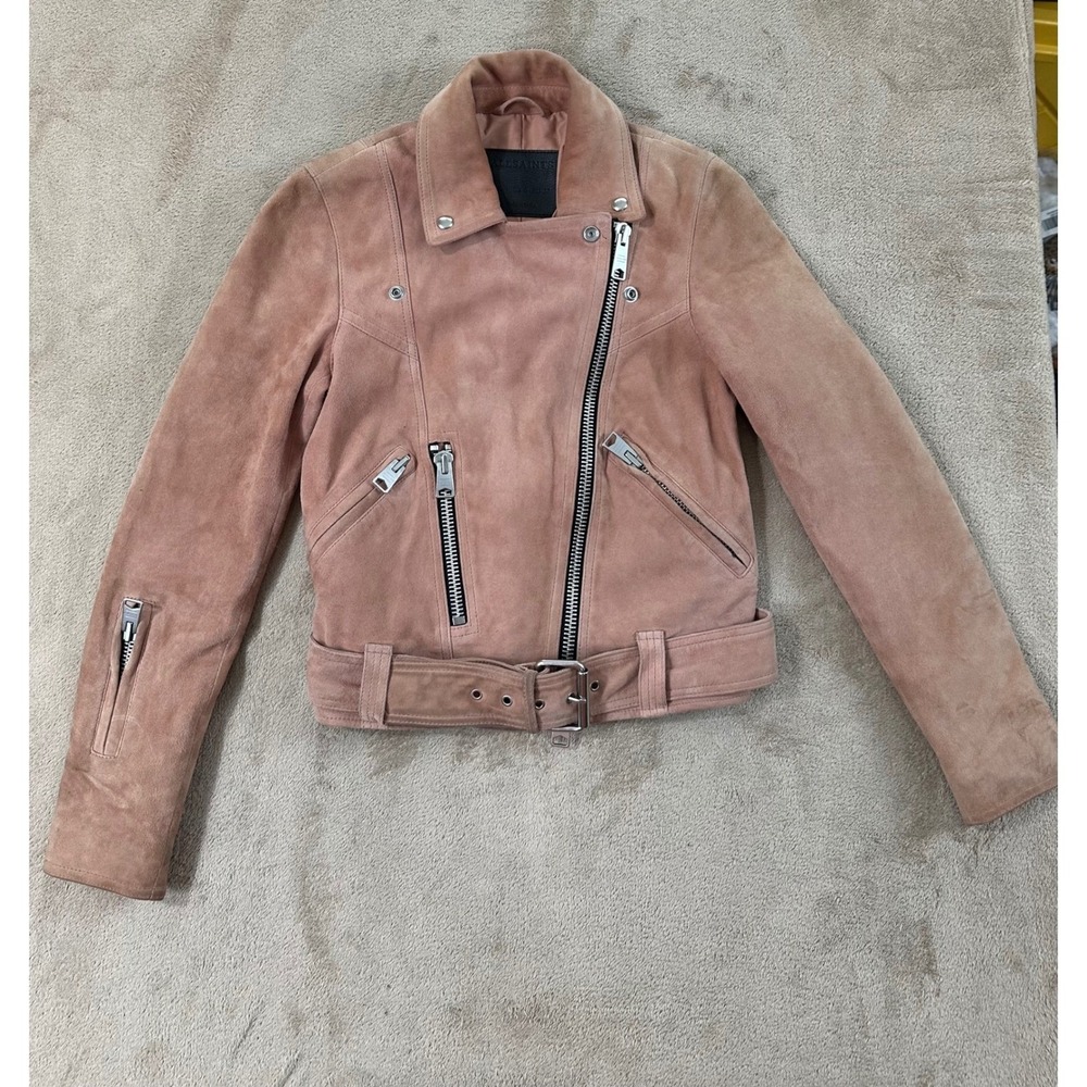 AllSaints Gidley Biker Jacket womens‎ size 0 Suede Leather Pink Moto